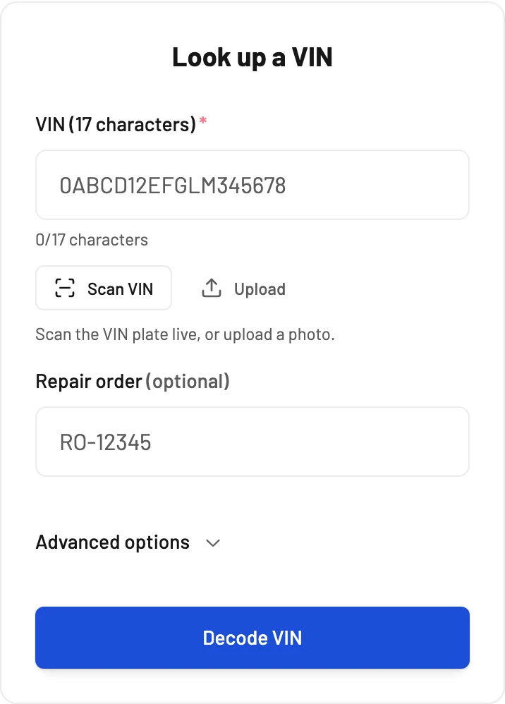 The VINReveal lookup screen on a phone: a VIN field with Scan VIN and Upload buttons, an optional repair order field, and a Decode VIN button